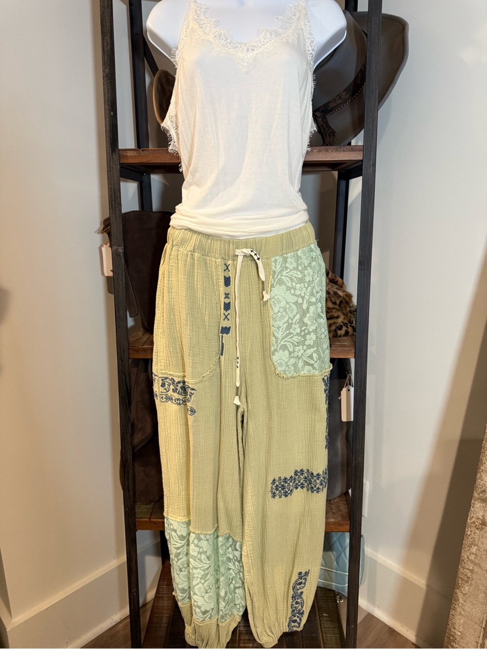 POL Sage Green Patchwork Boho Drawstring Pants